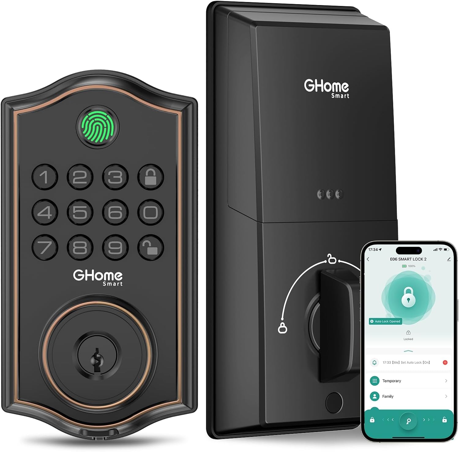 Ghome Smart Deadbolt Lock for Front Door – Fingerprint, APP, Keypad & Key Entry, Auto-Lock, Easy Install | Deadbolt Smart Lock for Home/Apartment/Hotel/Garage (Black)