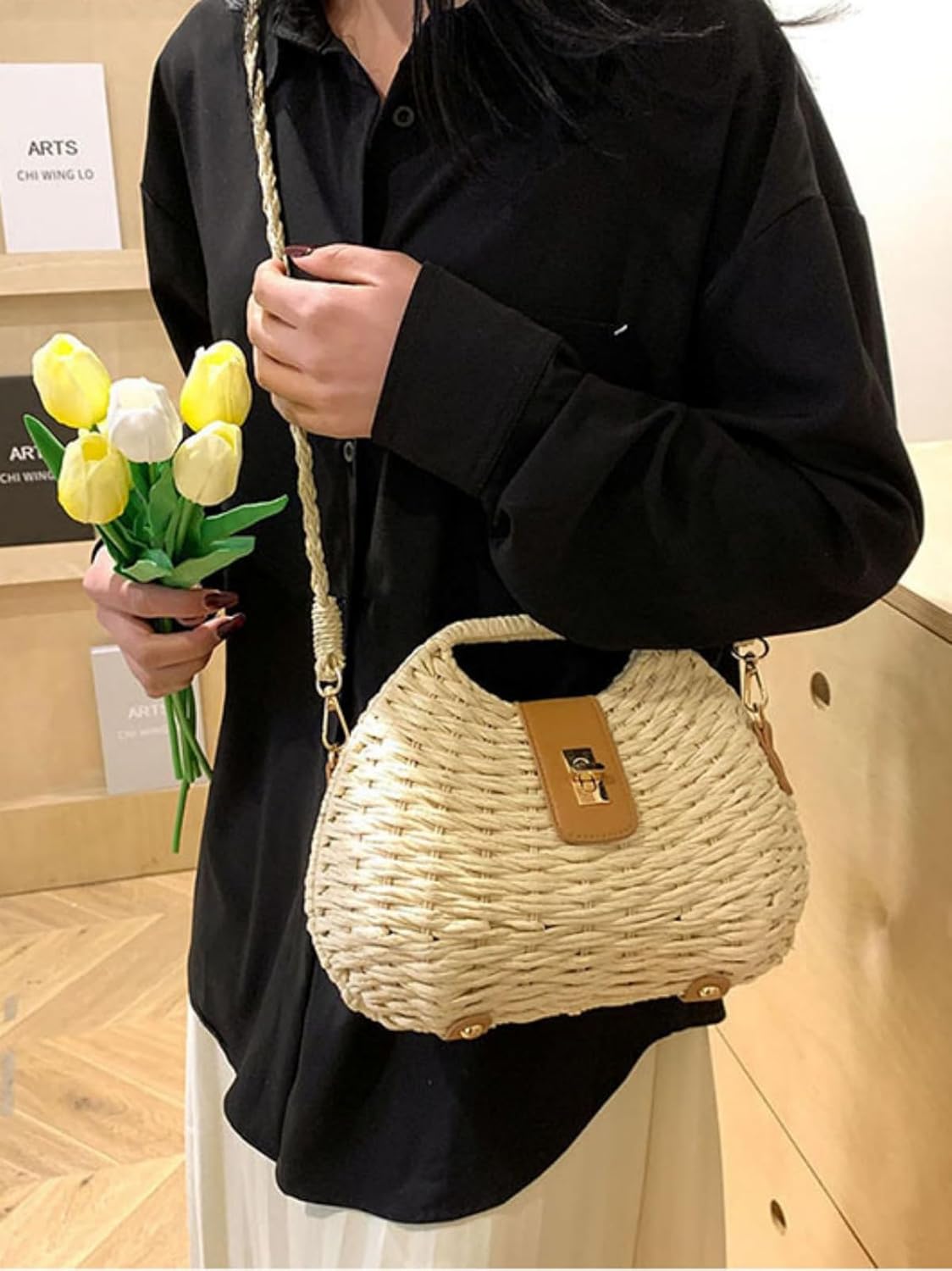 Handmade Straw Woven Bag Beach Clutch Purses Women Vacation Shell Shoulder Crossbody Summer Dumpling Handbag Basket Tote
