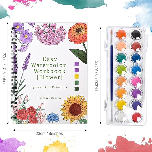 Thuro Lot de 2 Cahier Aquarelle a Peindre pour Débutant,16 couleurs avec pinceau,30 Belles Peintures (Fleurs et animaux),Livre Aquarelle Adulte, Cahier De Dessin Aquarelle - 2