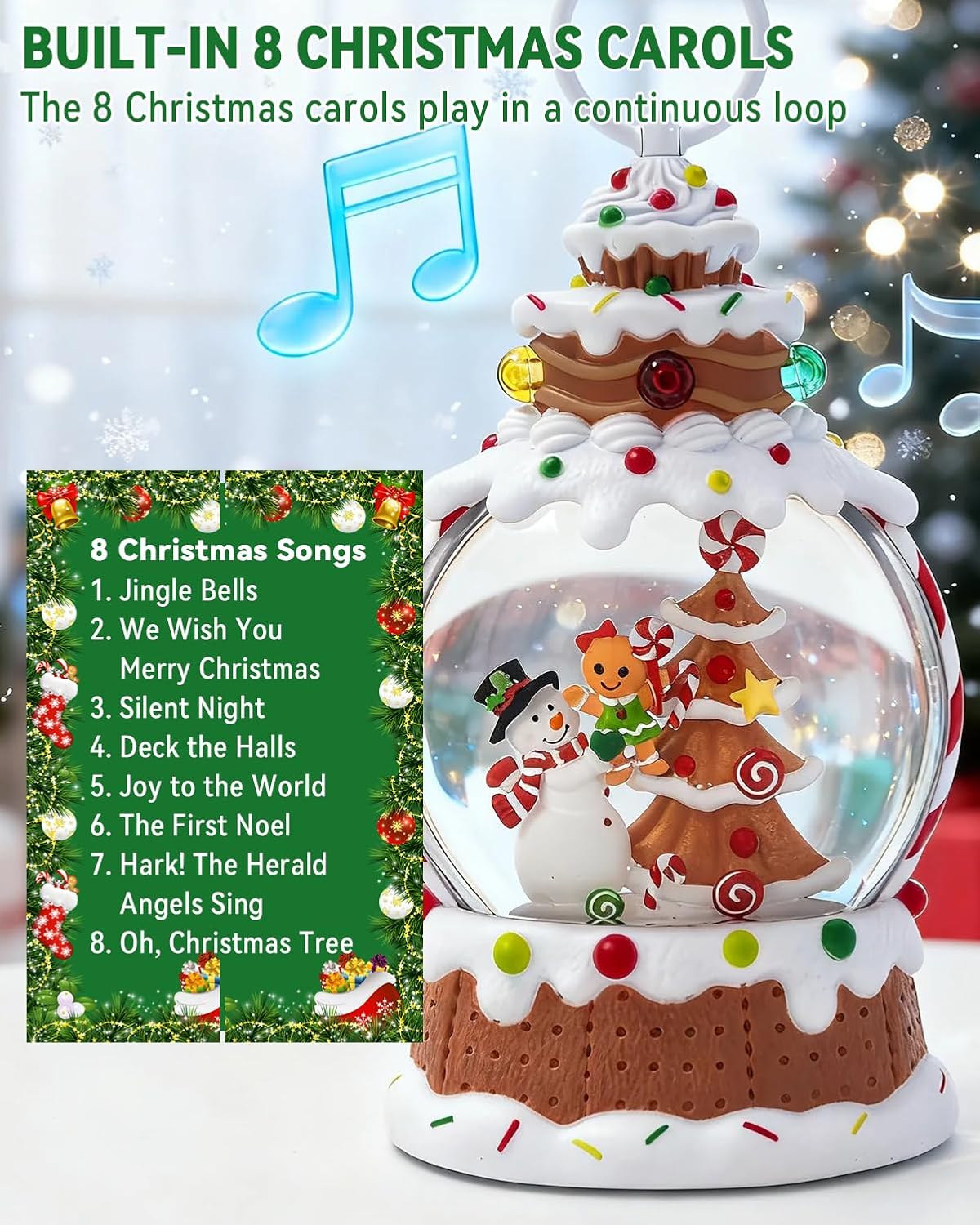 Gingerbread Snowman Christmas Tree Snow Globe - Lighted Gingerbread Snow Globe with Swirling Glitter and LED Lights, Hand Painted Christmas Decoration Playing 8 Holiday Songs, Xmas Gift for Adults