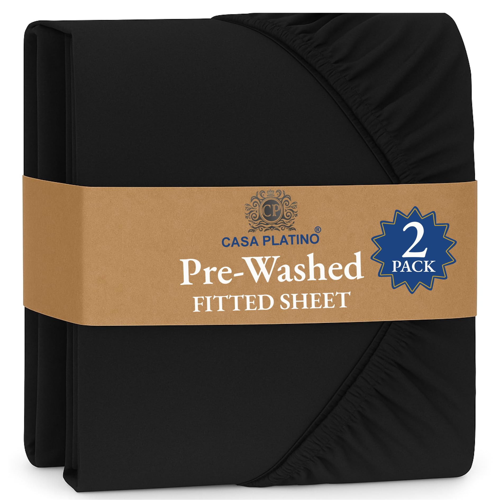 Casa Platino Fitted Sheet Emperor, Black (Pack of 2) - Pre-Washed, Deep Pocket 14 inch (35 cm) - Easy Care - Soft Brushed Polyester Microfibre Fabric - Shrinkage and Fade Resistant - Bottom Sheet