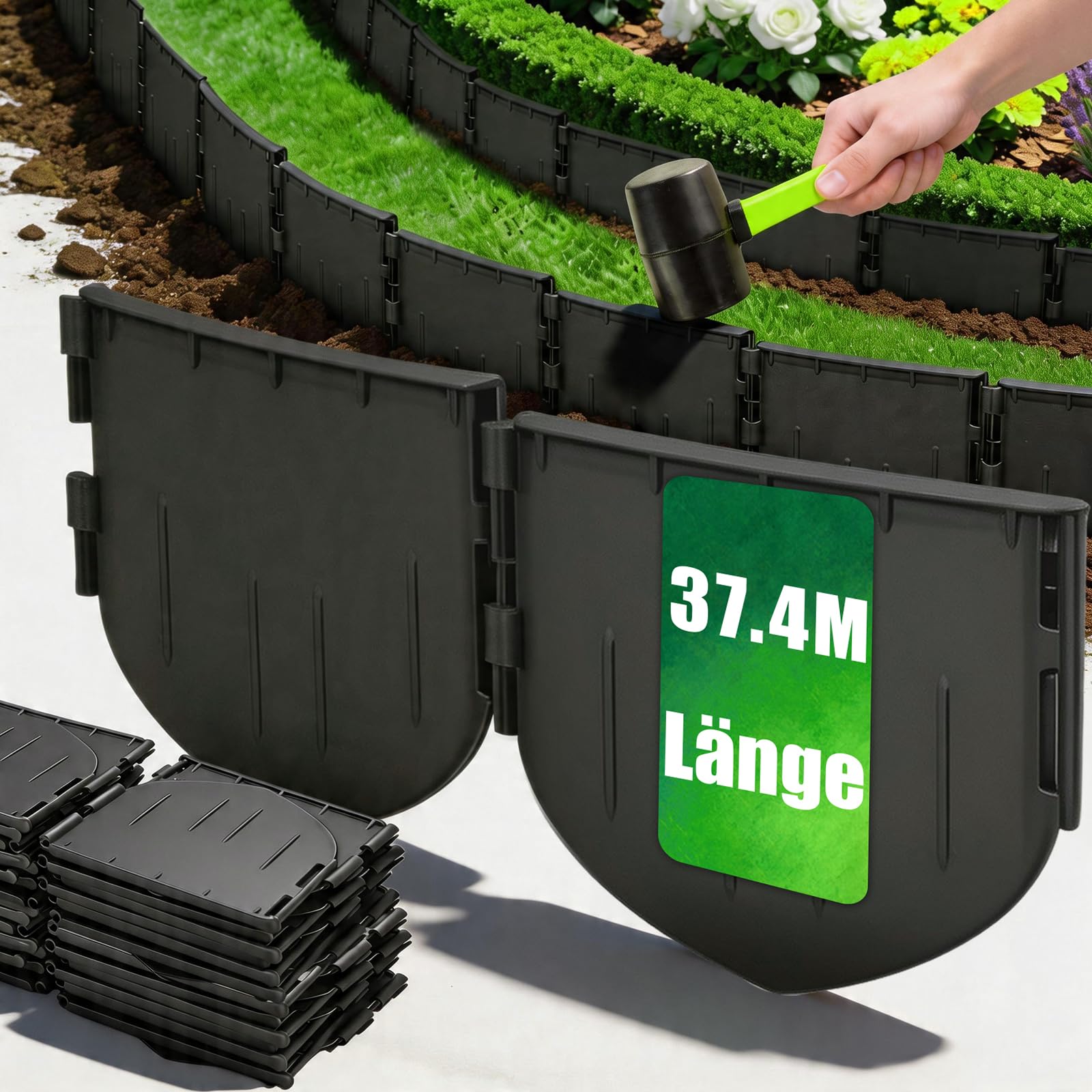 Flexible Rasenkante Kunststoff 37,4m, Beeteinfassung mit Stecksystem | Stabile Beetumrandung aus recyceltem Plastik, Beetbegrenzung Beetabgrenzung, Mähkante, Sicher für Mähroboter, Kids & Tiere
