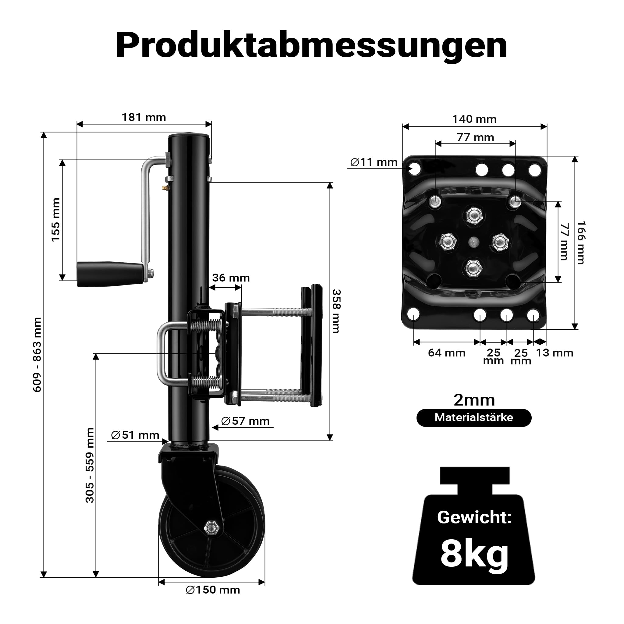 Wiltec Doppelstützrad bis 680 kg, Anhängerstütze aus Stahl, Stützlast Bugrad mit Schwenkarm, Schwerlast Abstellstütze mit Zwillingsrädern
