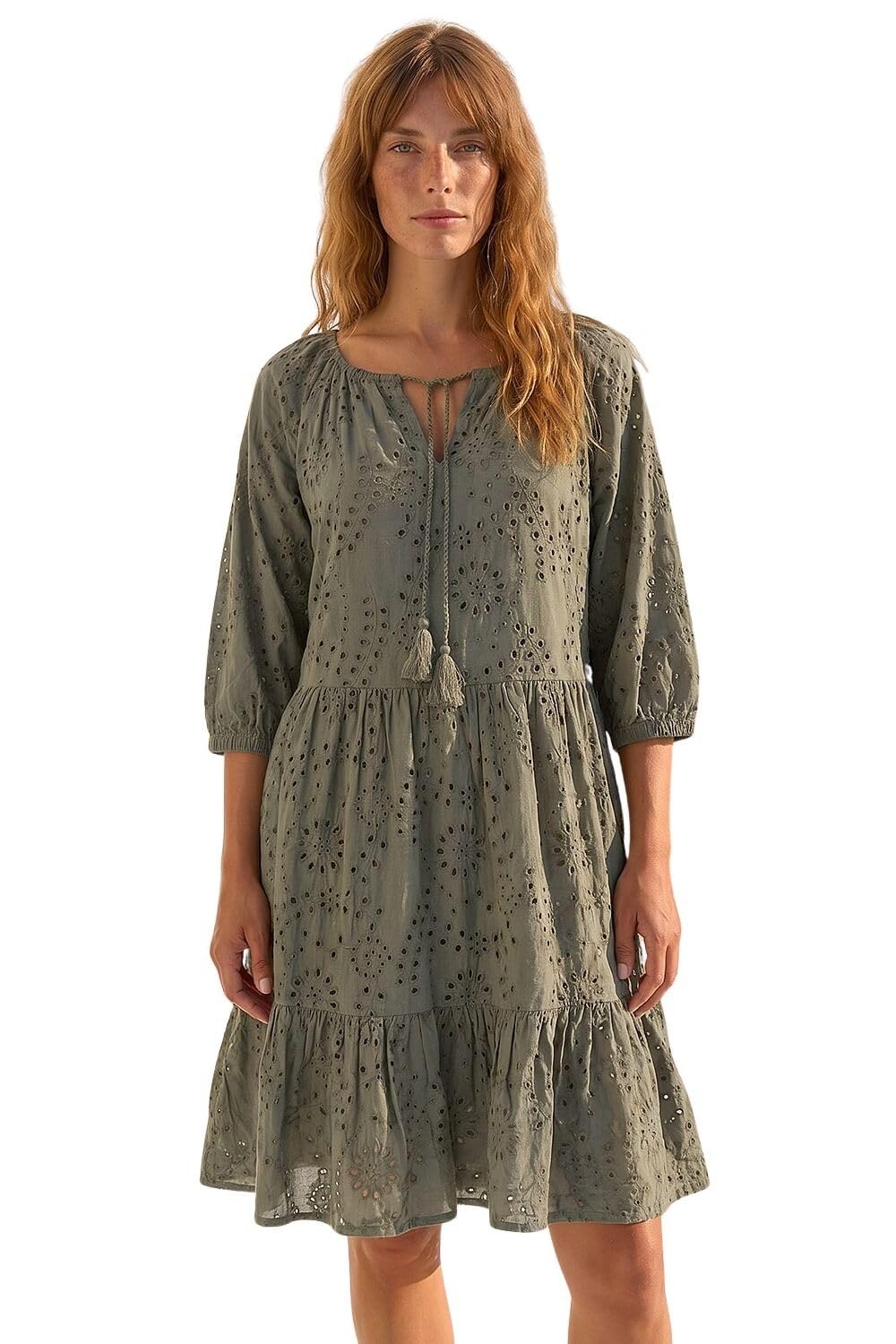 Roman Women's Khaki Cotton Broderie Tiered Smock Dress Size 20