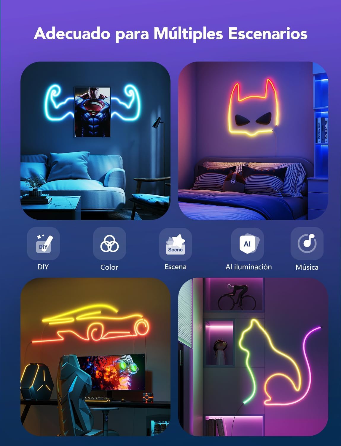 Govee Neon Rope Light 2, Tira LED RGBIC 5m Blanco Decoración Pared | Mapeado de Formas, Efectos DIY, Compatible con Matter Alexa Google Assistant SmartThings, Iluminación Inteligente