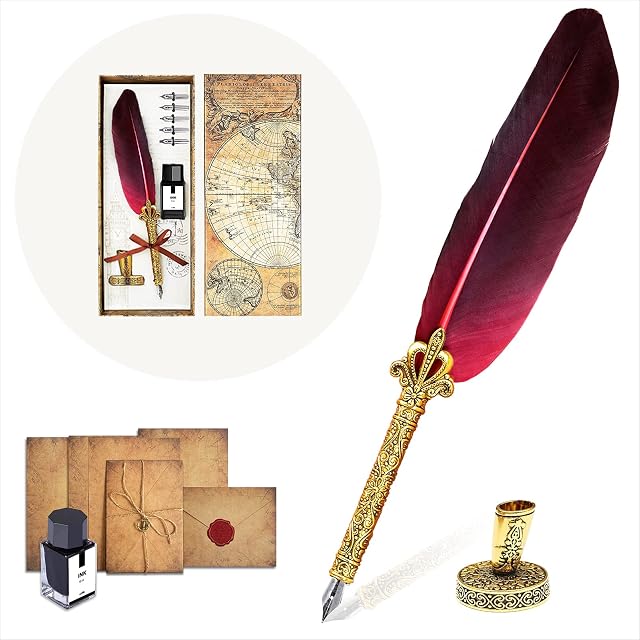 theFiu Quill Pen and Ink Set, Upgraded Fountain Pen for Writing, Calligraphy Set for Beginners, Handcrafted Feather Pen with a Stationery Set, Red