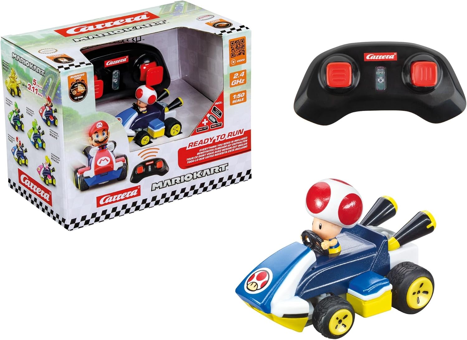 Carrera RC Mario Kart Mini RC Toad, for Children and Adults, Boys & Girls, Unique Original Licence, Instant Driving Fun with Ready to Run, Blue