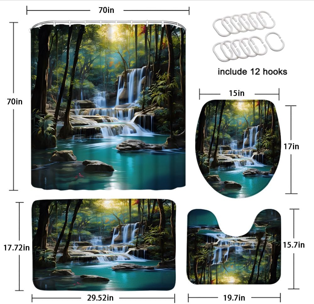 4 Piece Forest Waterfall Shower Curtain Set with Rugs Toilet Lid Cover Tropical Rainforest Natural Scenery Stream Waterfall Green Lush Trees Jungle Mossy Rocks Bathroom Shower Curtain with Hooks
