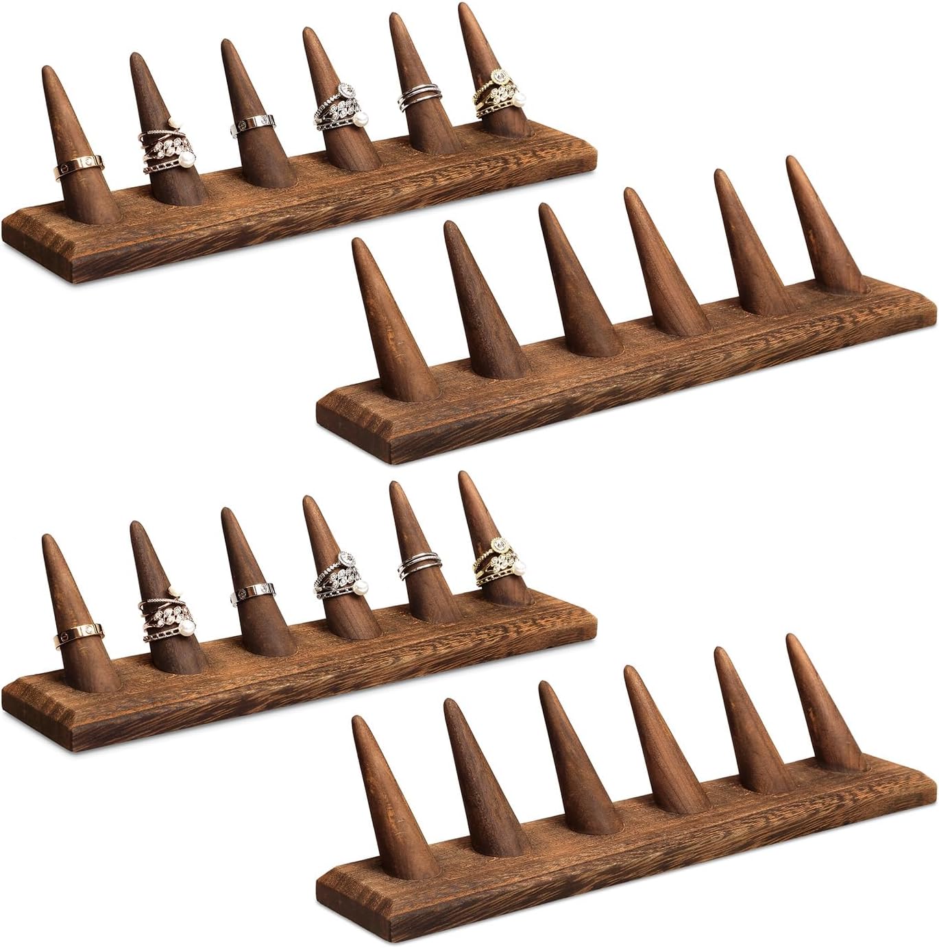 MOOCA 4 Pcs Set Finger Ring Stand Jewelry Display Holder Showcase Display Stands 11 x 2 1/4 x 2 3/4 in, Brown Color