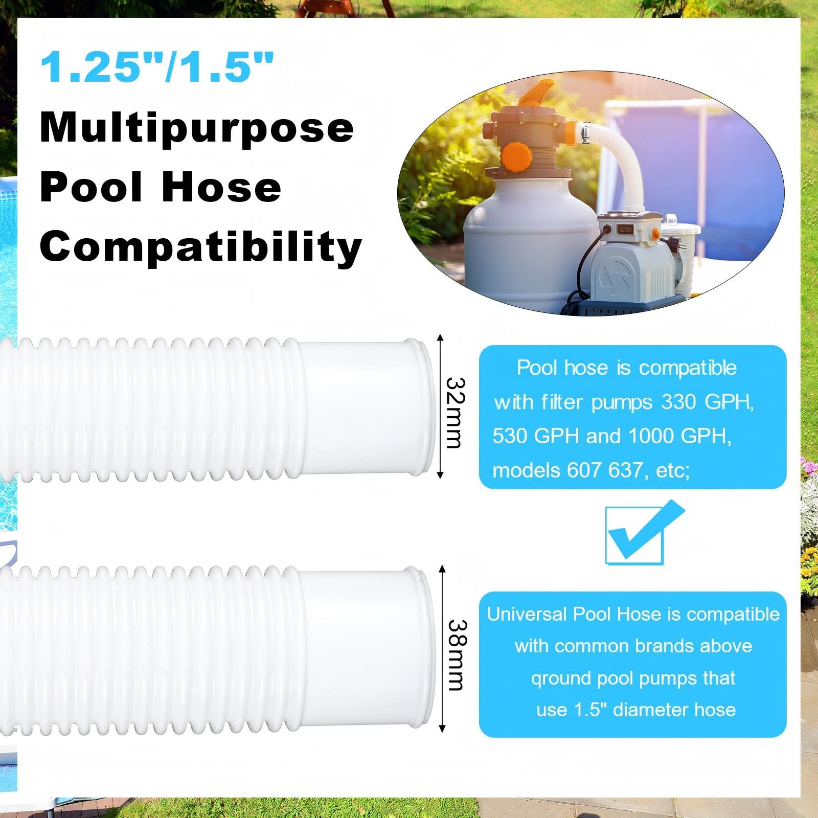 Nuanchu 4 Stück Poolschläuche für oberirdische Pools 3,8 x 149,9 cm und 3,2 x 149,9 cm mit 4 Stück 3,8 cm oder 3,8 cm Poolschlauch-Adapter, Ersatz-Filterpumpenschläuche, kompatibel mit universeller