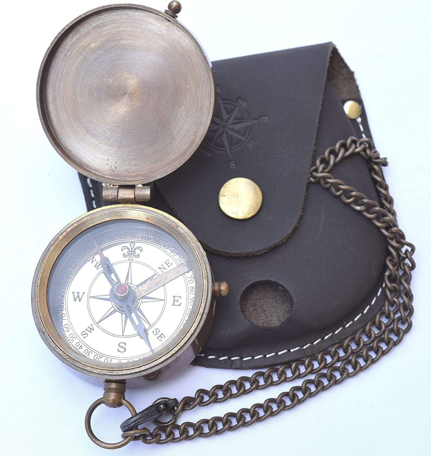 Antique Solid Brass Directional Pocket Compass, with Leather Carry Case A Great Gift for Maritime, Nautical-image-48