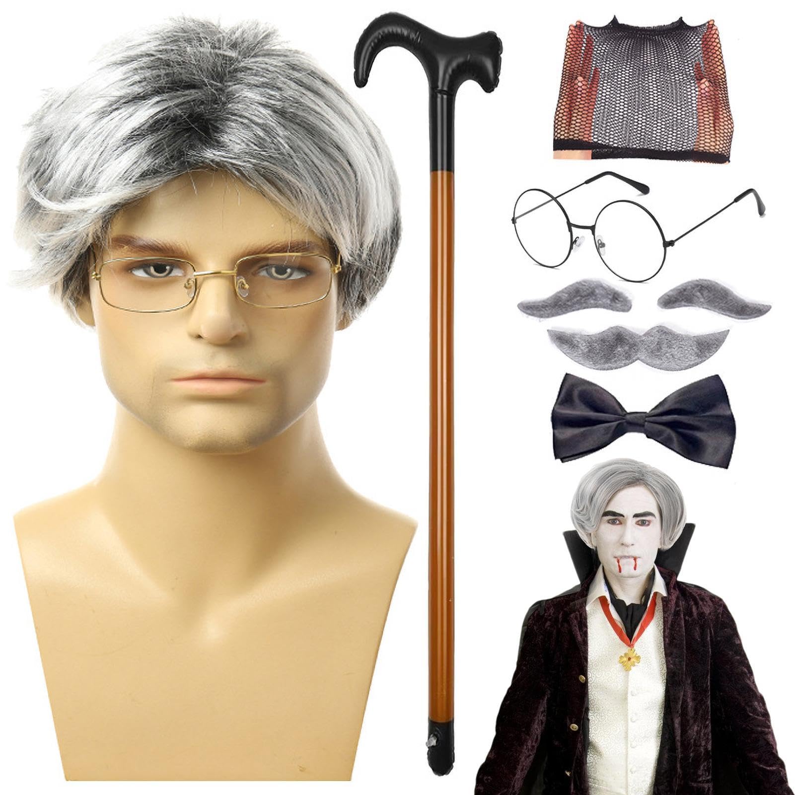 Déguisement Grand-père Complet 7 Pièces - Perruque Grise, Lunettes, Fausse Barbe, Canne Gonflable - Halloween Carnaval - 13