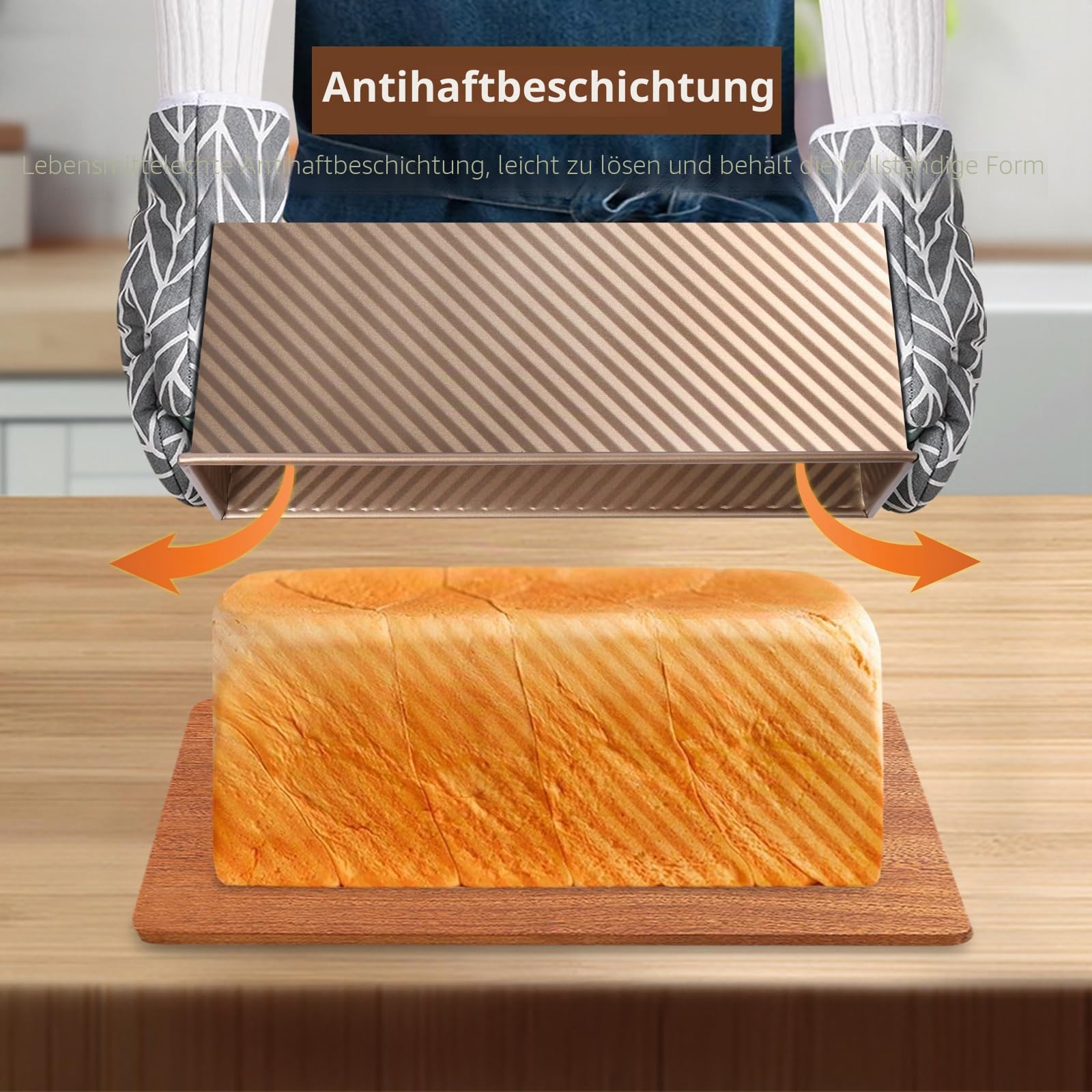 Toastbrot Backform mit Deckel, 1000g und 450g, 2Pcs, Antihaft Pullman Brotbackform, Wellbrotbackform mit Deckel für Brot, Sandwiches und Toast, Gold