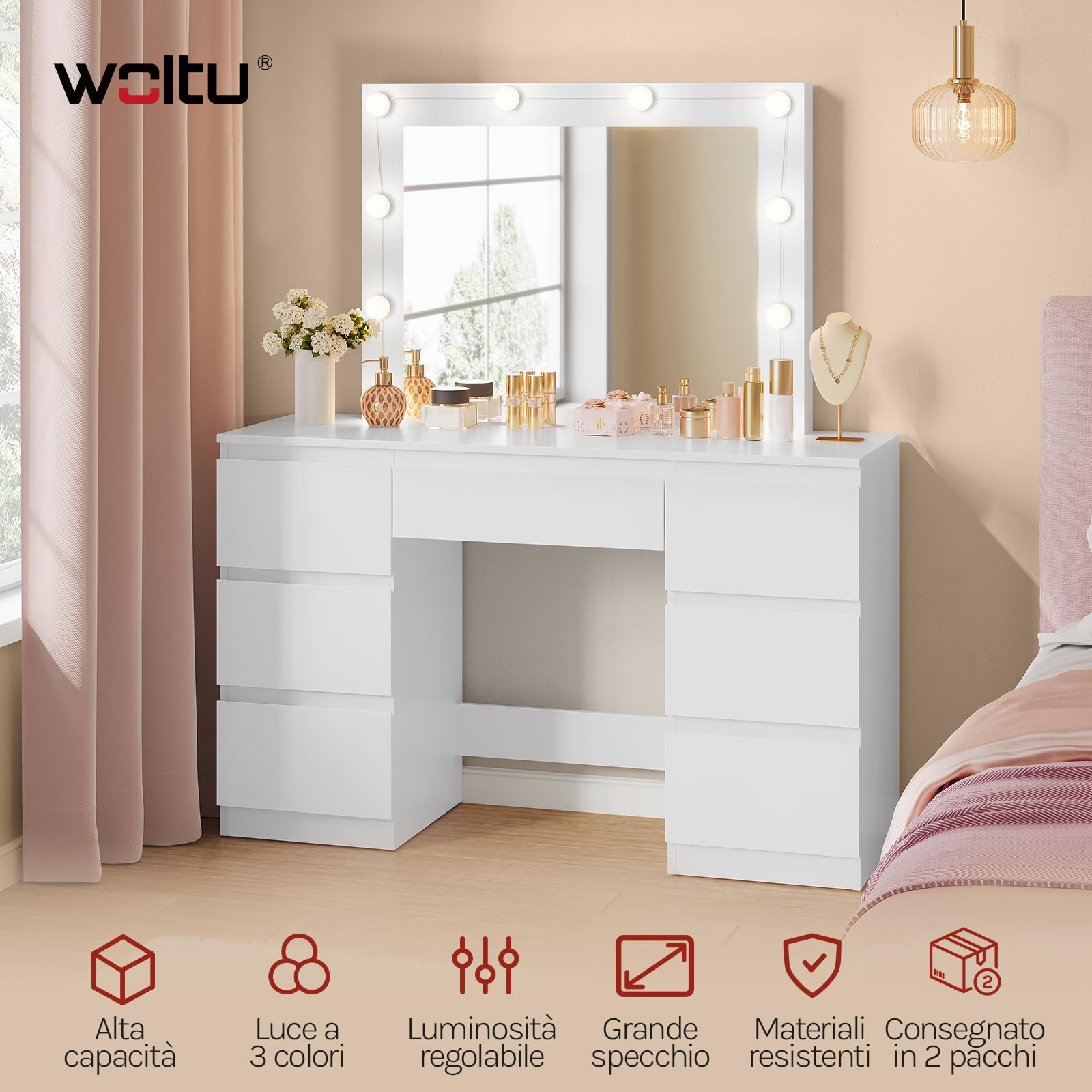 WOLTU Grande toeletta da trucco, Toeletta con Specchio e Luci, Tavolo da trucco con specchio, Postazione Trucco con 7 cassetti per Camera da Letto, bianco, 107 cm