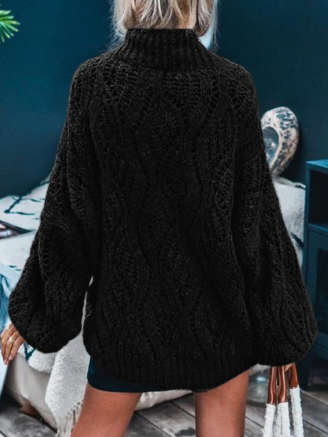 MEROKEETY Fall Sweaters for Women 2025 Oversized Pullover Crochet Lantern Long Sleeve Mock Neck Casual Loose Tops - Image 5