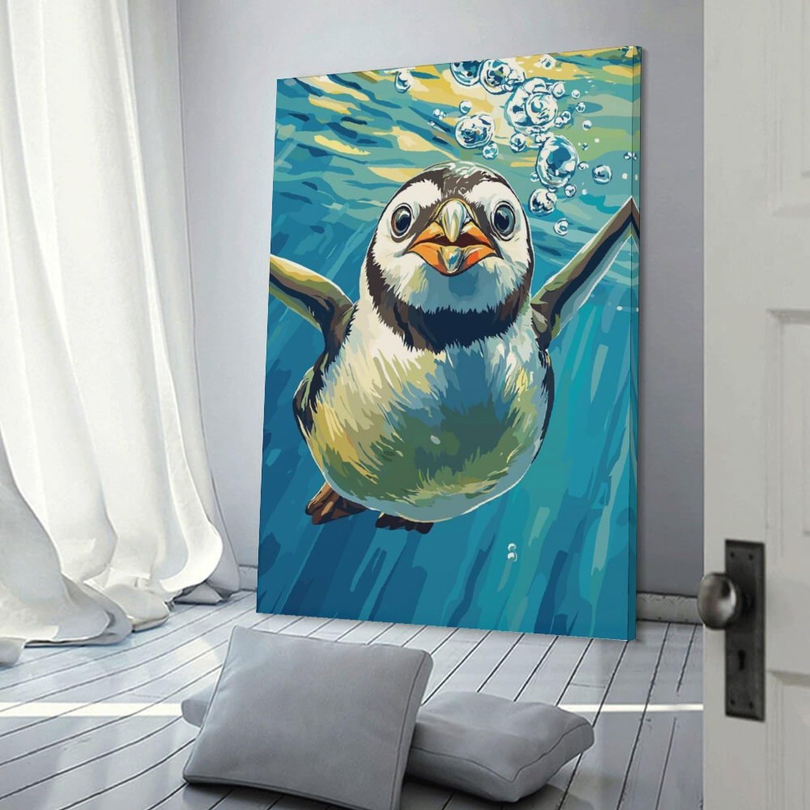 Junmoney Frame-Style-2 Penguin Swimming Underwater Illustration Hanging Wall Art, 12X18inch(30X45cm), For Bedroom Decor, Cosy Corners Or Studios, An Easy Wall Refresh For Bedrooms
