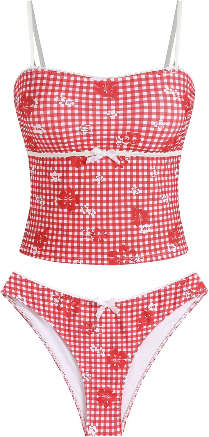 ZAFUL Tankini Swimsuits for Women Bow Tie Side Bathing Suits Tummy Control High Cut Two Piece Bikini Sets