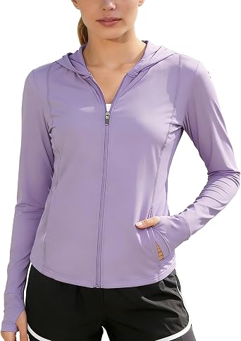 Womens UPF 50+ Long Sleeve Hooded Jackets Lightweight UV Protection Sun Shirts Workout Athletic Hiking Running Tops