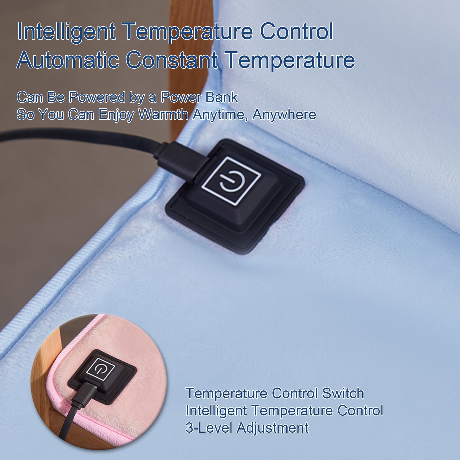 Coprisedile Riscaldato USB, Cuscino Riscaldabile con 3 Impostazioni di Temperatura, Cuscino Termico Elettrico Sottile Invernale per Sedia da Ufficio(Blue)