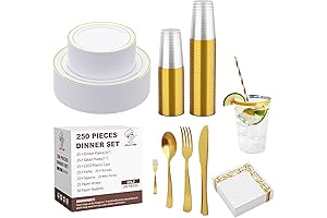 250 Count Disposable Gold Plastic Plate Set, Ramadan Party Supplies