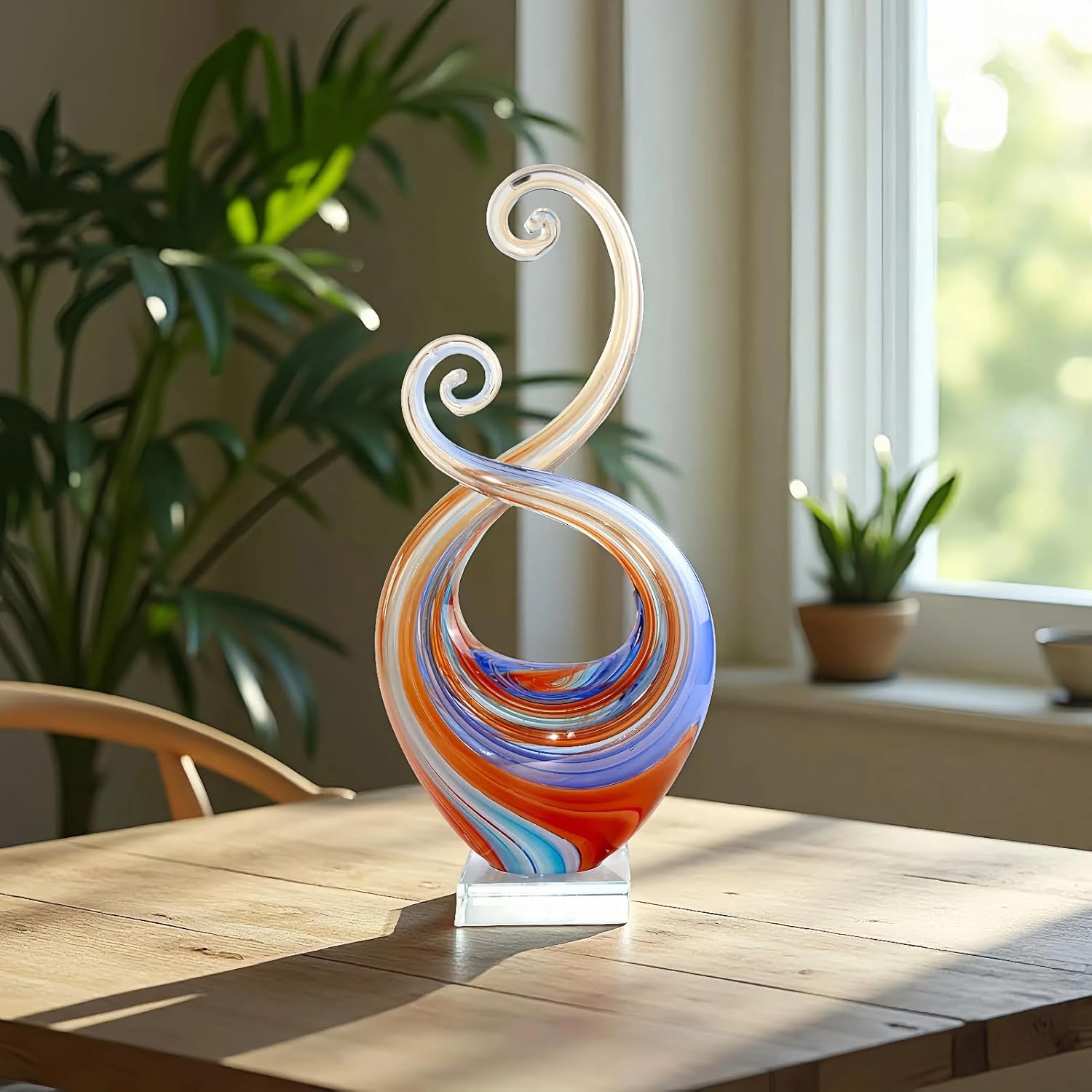 15" Tall Hand Blown Glass Abstract Sculpture with Base | Outdoor-Ready Handcrafted Glass Decor for Patio, Garden, Home & Office Display - Image 5