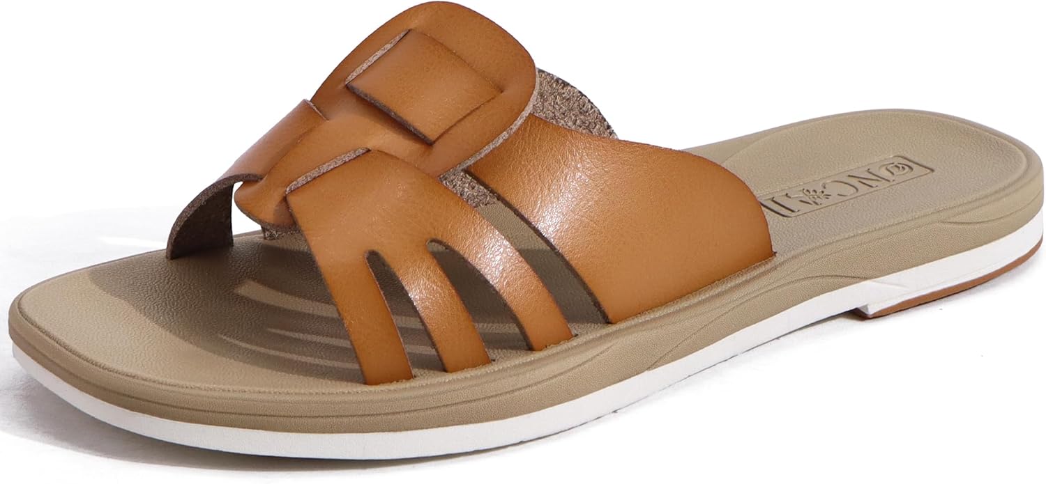 ONCAI Slides for Womens, Flat Dressy Square Toe Summer Beach Sandals for Woman 2025 with Comfortable Non-slip Rubber Soles Beige Size 6