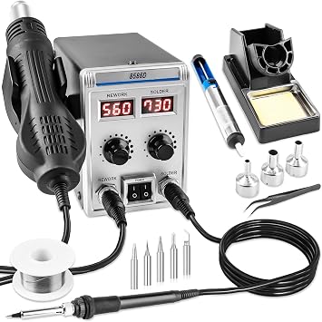 8586D 2 في 1 محطة لحام، SMD محطة إعادة العمل الهواء الساخن LED عرض رقمي مزدوج مع بندقية الحرارة ومجموعة الحديد لحام، محطة الحديد لحام الكهربائية مع التحكم في درجة الحرارة، وظائف النوم السيارات