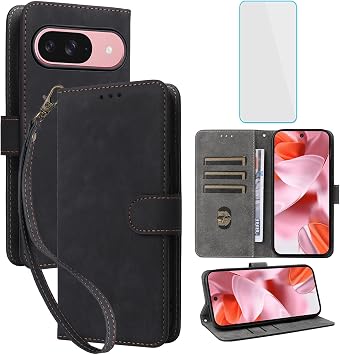 財布型スマホケース Pixel 9 / Pixel 9 Pro対応 スクリーンプロテクター付き RFIDブロッキング レザーカードホルダー 女性 男性 携帯電話カバー Pixel9 Pro 6.3インチ対応 グリーン ブラック