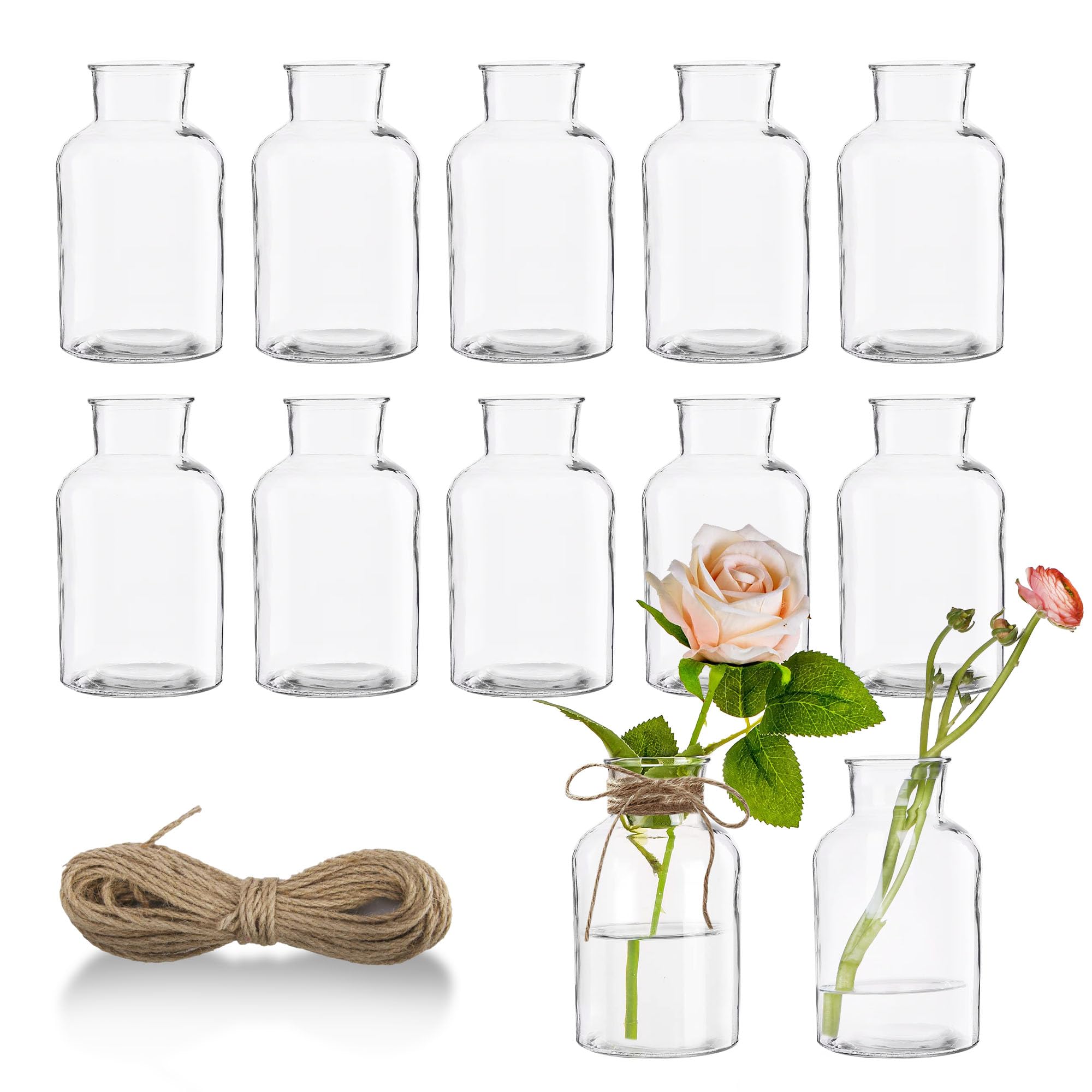 12 Stück kleine Vasen für Tischdeko 125ml Mini Glasvasen Set mit Juteschnur Vintage Design Exquisit Transparent Blumenvasen für Tischdeko Zuhause Hochzeiten Geburtstage Feste - 2