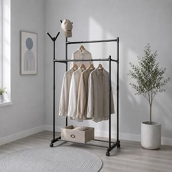 Double Garment Rack Adjustable Clothes Rail Black-150