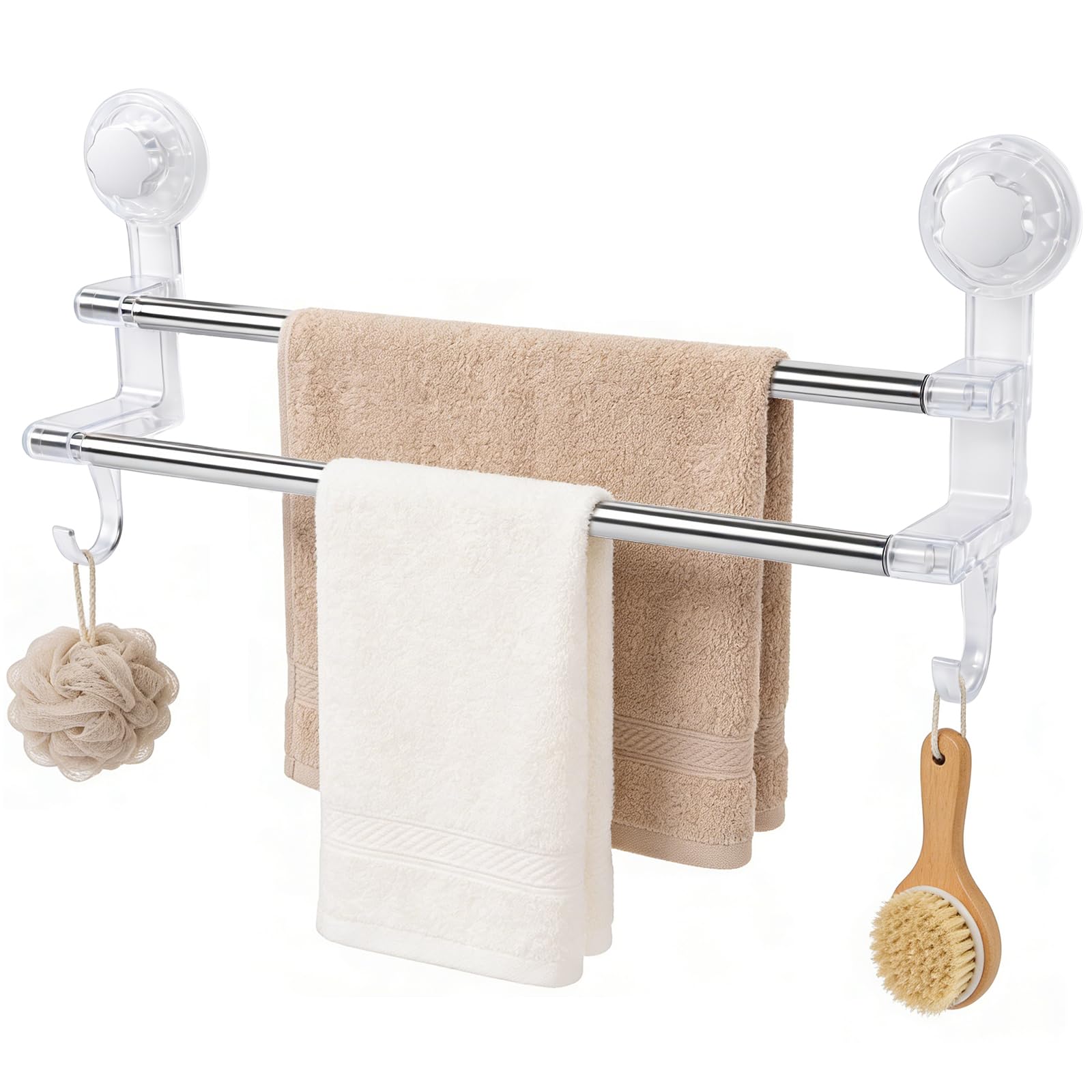 Aovanta Double Towel Rail, Clear Suction Cup Towel Holder with Hooks, 48-80cm Adjustable Bathroom Towels Bar Rail for Bathrooms, Kitchens, Utility Rooms (Clear)