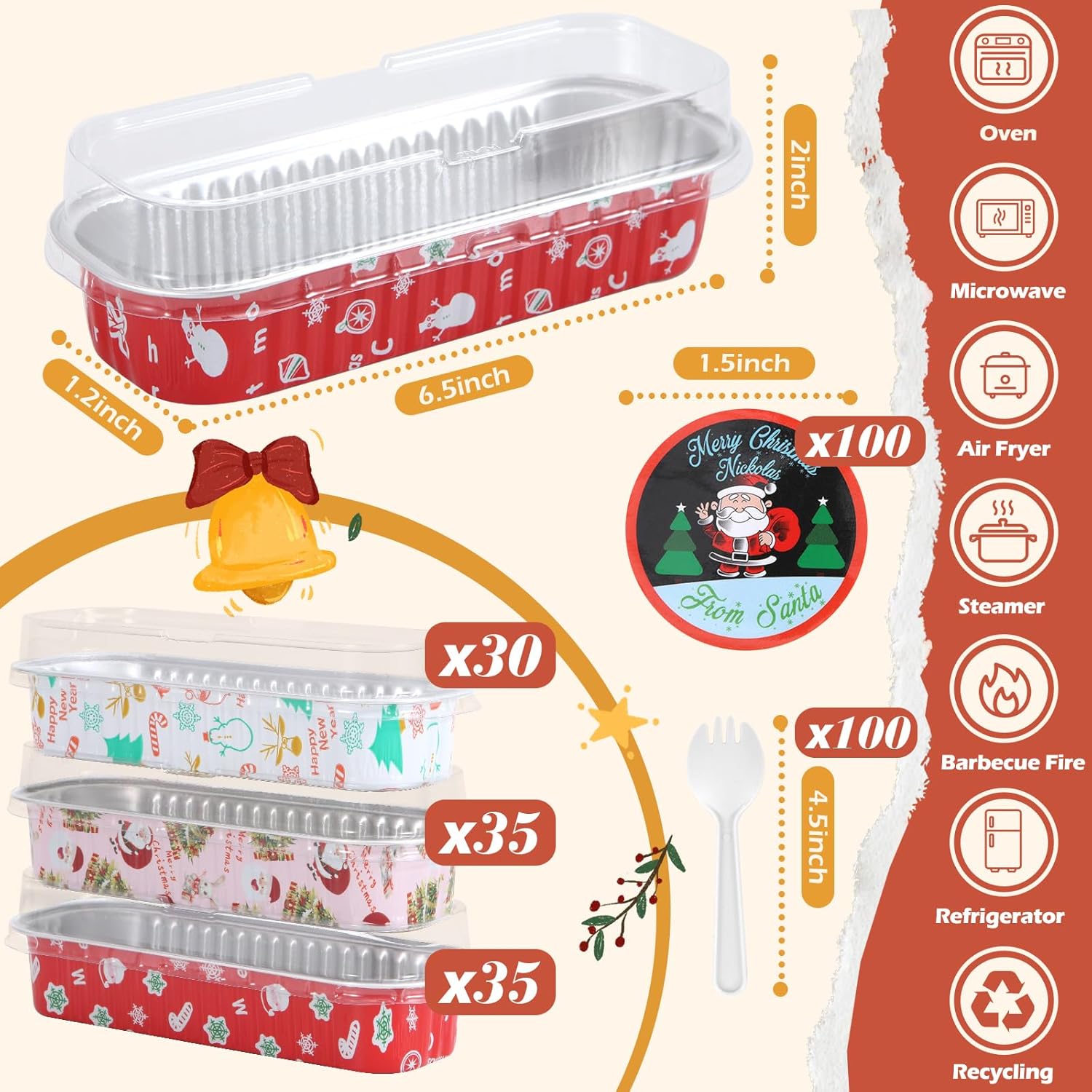 100Pack Christmas Mixcolor Mini Cake Pans with Lids and Spoons Mini Loaf Pans with Lids, 6.8Oz Aluminum Foil Pans Tins, Individual Dessert Cups Containers for Sales,Party,Picnics - Image 3