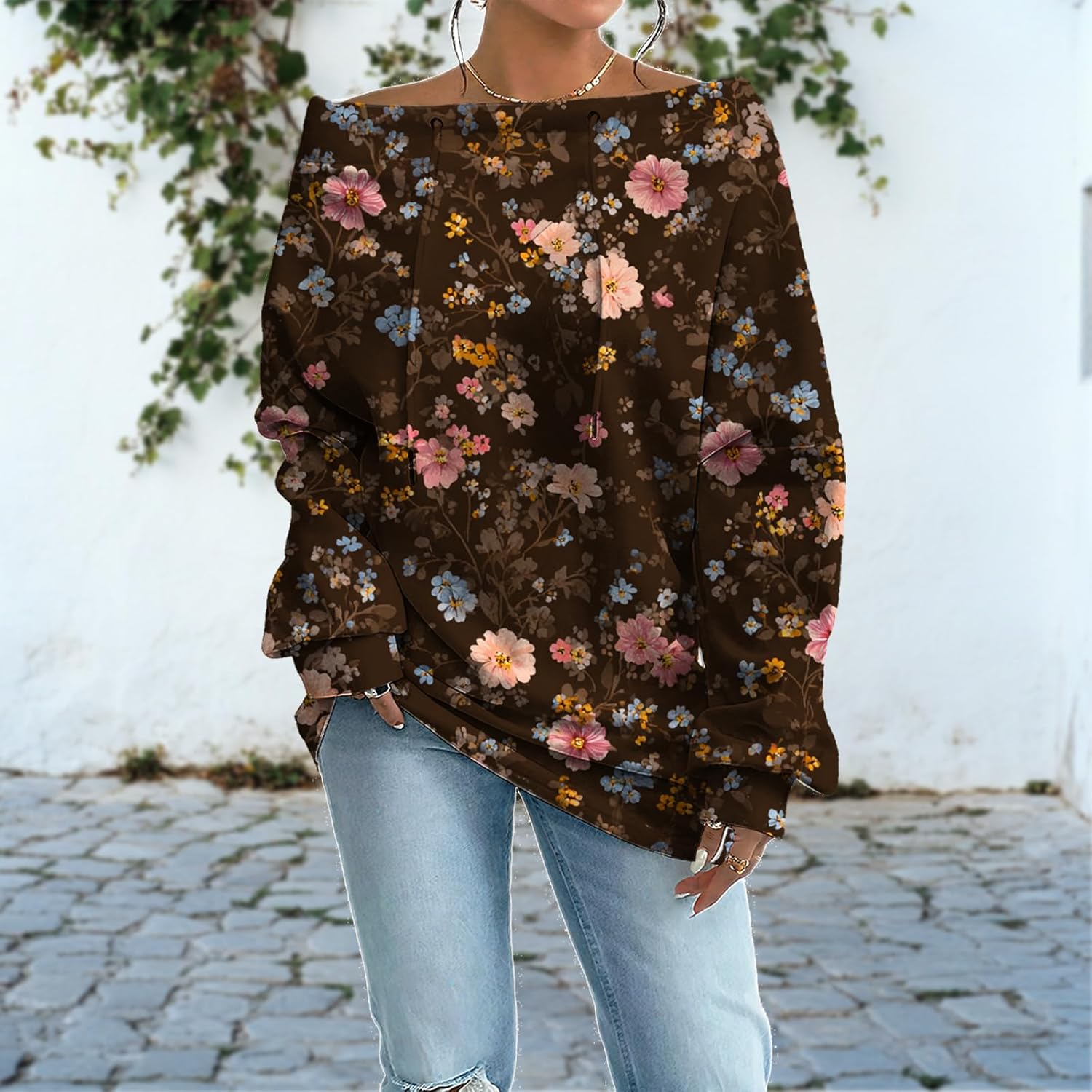 Womens Sweatshirts Floral Print Sexy Off The Shoulder T Shirts Oversized Long Sleeve Pullover Fall Tops - Image 2