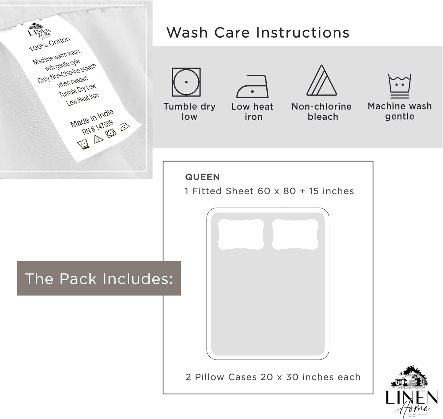 Linen Home 100% Cotton Percale Fitted Sheet Set Queen Size, Pastel Turk, Deep Pocket, 3 Piece - 1 Deep Pocket Fitted Sheet and 2 Pillowcases, Crisp Cool and Strong Bed Linen