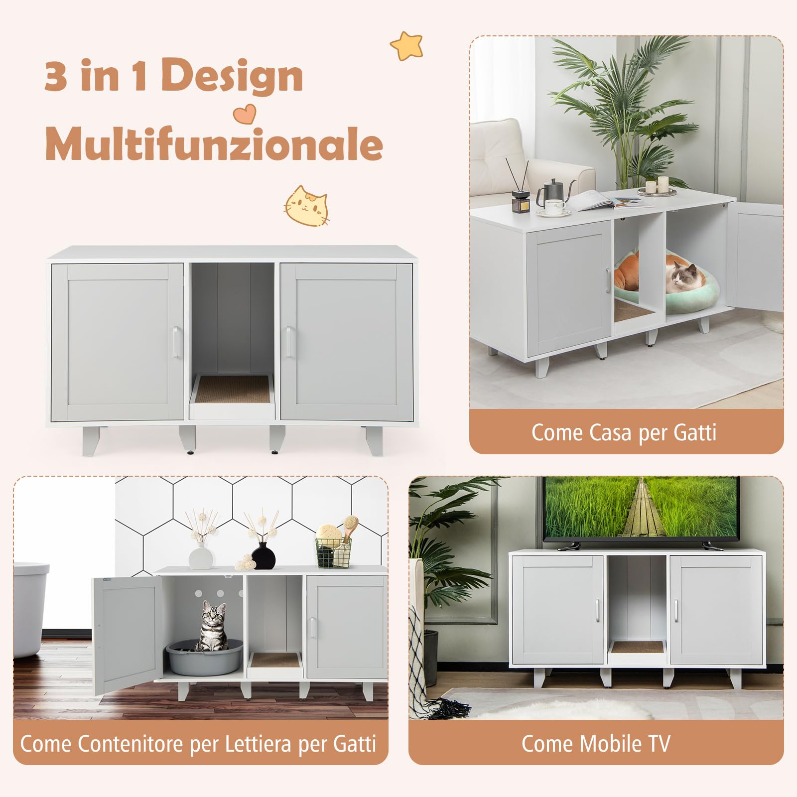 COSTWAY Mobile per Lettiera per Gatti 120 x 52 x 65 cm, Casetta per Gatti con 2 Ante, Fori, Tiragraffi e Gambe Staccabili, Mobile Versatile e Moderno per Salotto (Bianco e grigio)
