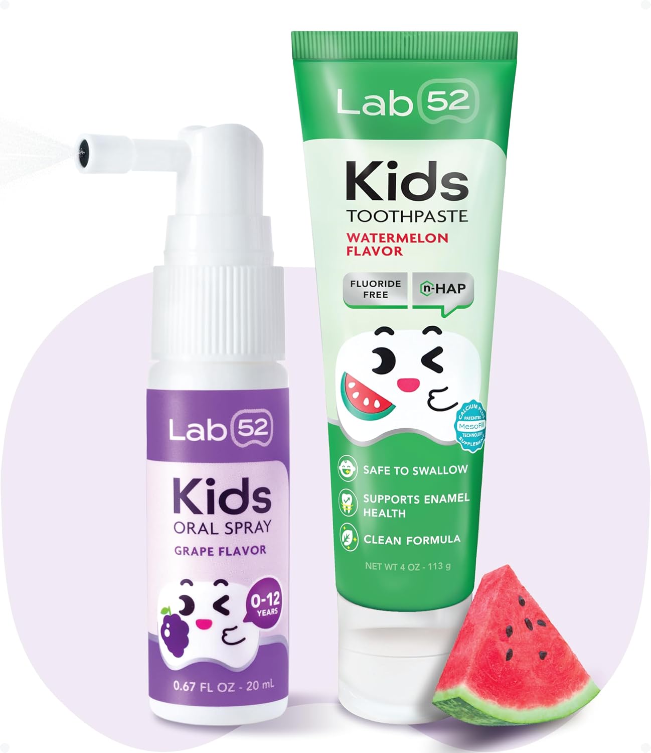 LAB52 Kids Oral Spray and Fluoride Free Kids Toothpaste for Toddler Children, Helps Build Brushing Habits, Supports Enamel Health, Safe if Swallowed, Xylitol Grape Spray and Watermelon Toothpaste