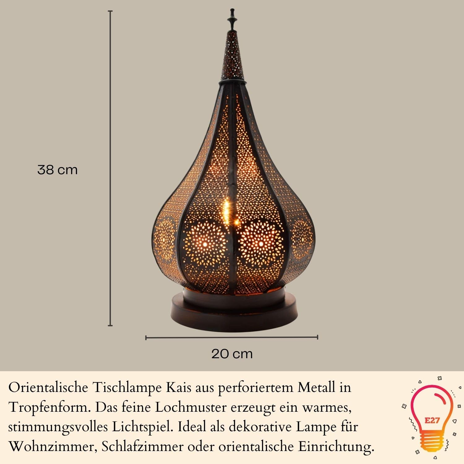 Orientalische Tischlampe Kais handgemacht aus Metall in Schwarz 38 cm