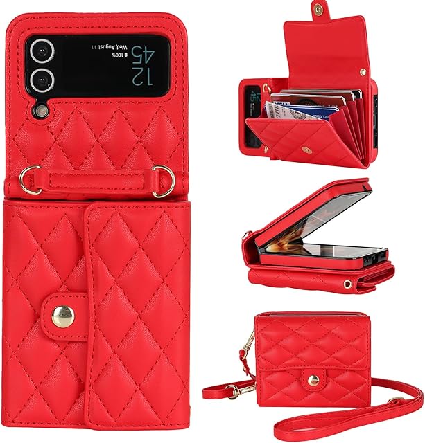 XIZYO for Samsung Galaxy Z Flip 4 Leather Crossbody Wallet Phone Case with Adjustable Removable Lanyard Strap, for Women Girls Cute Luxury Protective Cover with Card Slots, Red