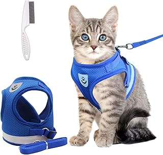 LABOTA Cat Harness and Leash Set for Walking, Escape Proof Soft Adjustable Vest Harnesses with Reflective Strap, Comfort Fit for Pet Kitten Puppy Rabbit, Blue, S(Chest: 11"-13")
