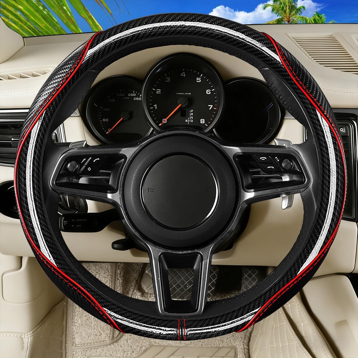 Car Steering Wheel Cover, 14.5-15 Inch Carbon Fiber Full Surround Vehicle Steering Wheel Protector with Inner Ring, Auto Interior Decorative Accessory, Universal for SUV RV Truck (Black/Red)