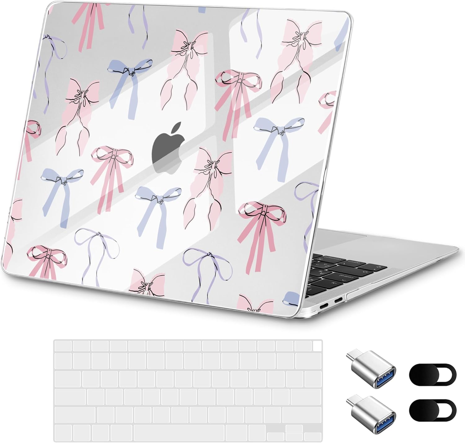 for MacBook Air 13 inch Case 2020 M1 A2337 2019 2018 Release– Fashionable Lightweight Floral Design Transparent HD Clear Laptop Shell, with TPU Keyboard Cover & OTG Adapters, Pink Bow
