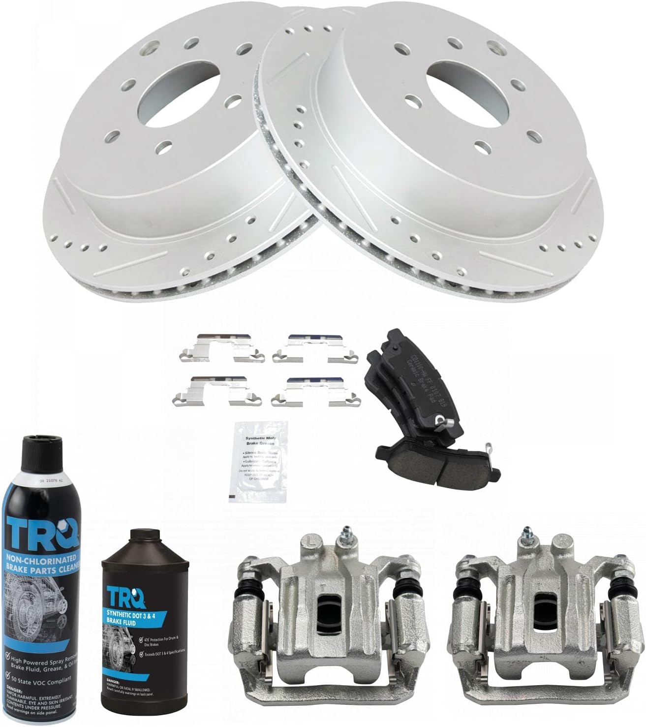 TRQ Rear Performance Brake Pad & Rotor Kit Brake Caliper Brake Chemical Kit Brake Pads Brake Rotors Set Ceramic Compatible with 2005-2018 Nissan Frontier 2005-2015 Xterra