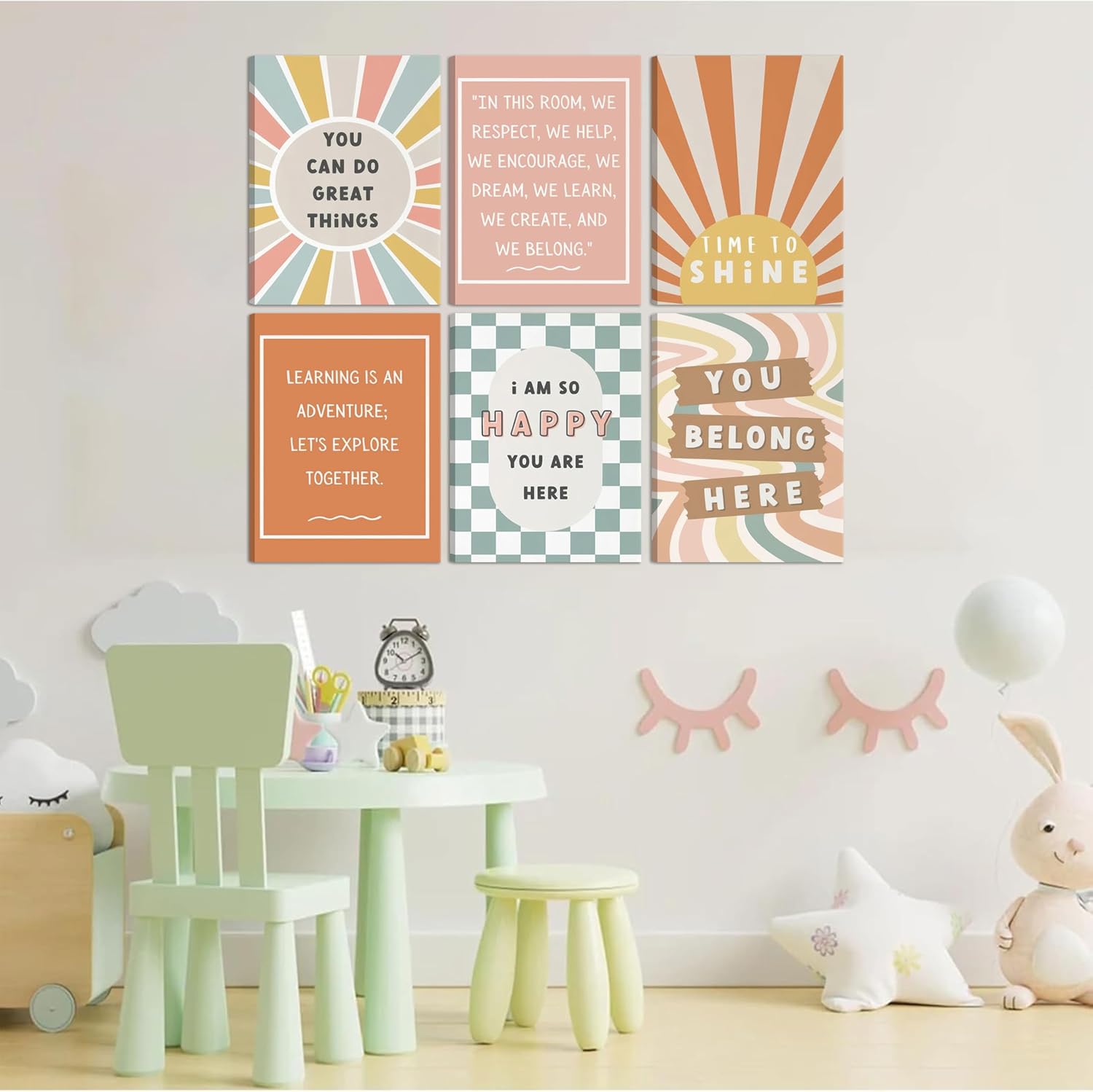 6Pcs Boho Inspirational Canvas Wall Art Positive Affirmations Growth Mindset Posters Wall Decor Pictures Modern Classroom School Posters Wall Prints for Children's Room nursery School 12x16in