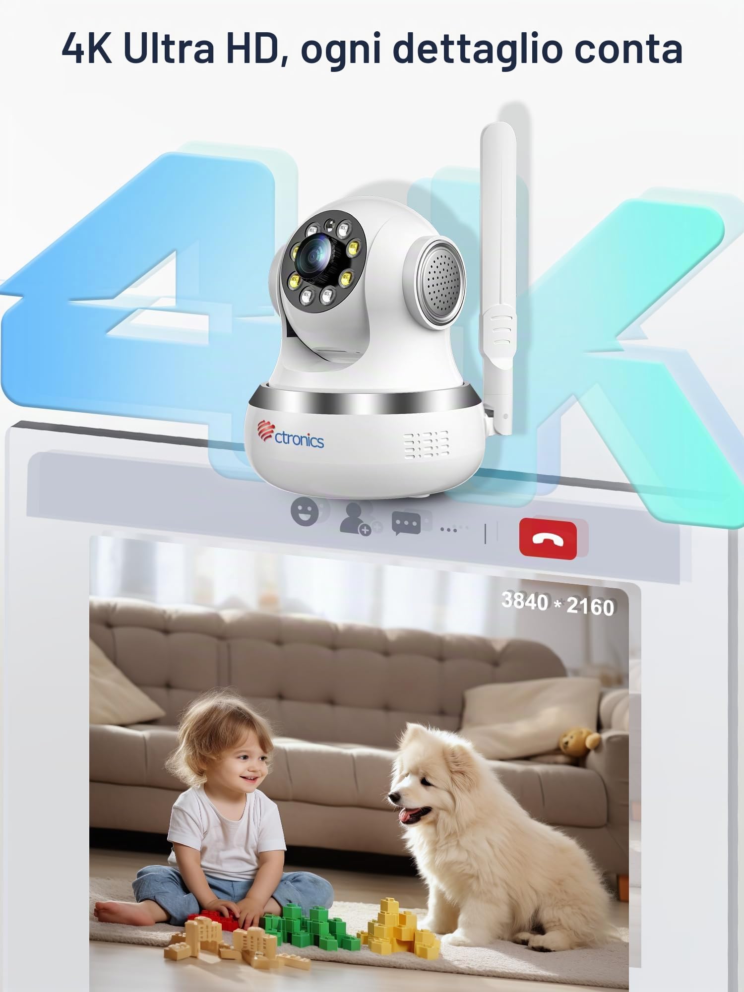 Ctronics 4k Telecamera Interno Wi-Fi Dual-Band | Rilevamento AI Persone/Animali con Tracciamento Automatico, Visione Notturna a Colori, Allarme Sonoro e Luminoso
