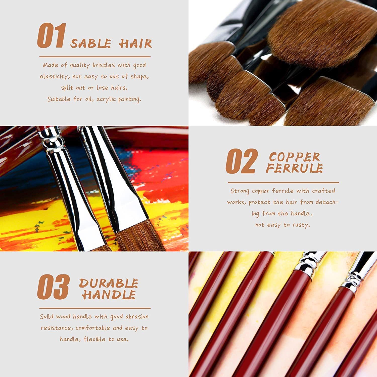 Red Pure Weasel Sable Hair Artist Brushes Filbert Brush Set For Acrylic Oil Gouche and Watercolor Painting Wooden Handle 6Pcs