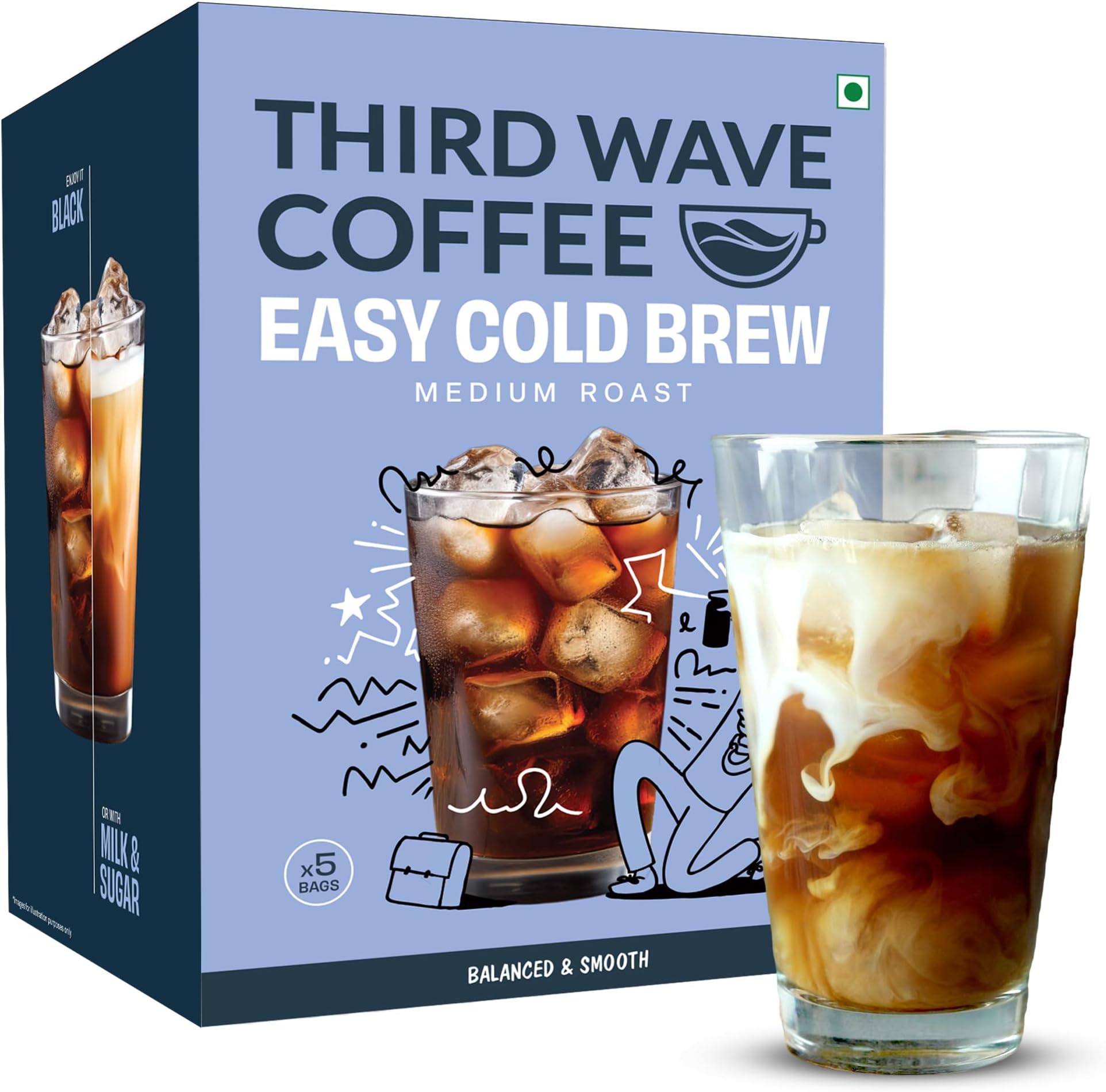 THIRD WAVE COFFEE Easy Cold Brew Coffee | Medium Roast | 5 Bags Makes 15 Cups | Instant Brew | No Equipment Needed | Arabica Coffee | Sourced Directly From Farms, Pack Of 1 | 250 gram