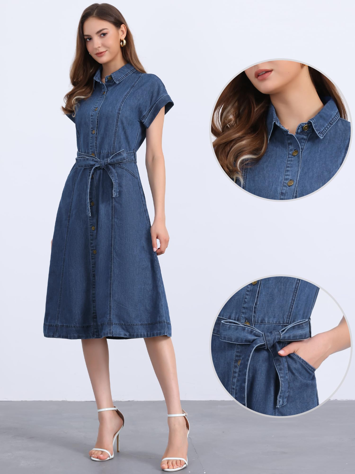 Allegra K Vestido camisero de mezclilla para mujer, casual, con botones, manga corta, cinturón, vestido midi de mezclilla 2025, trajes de moda