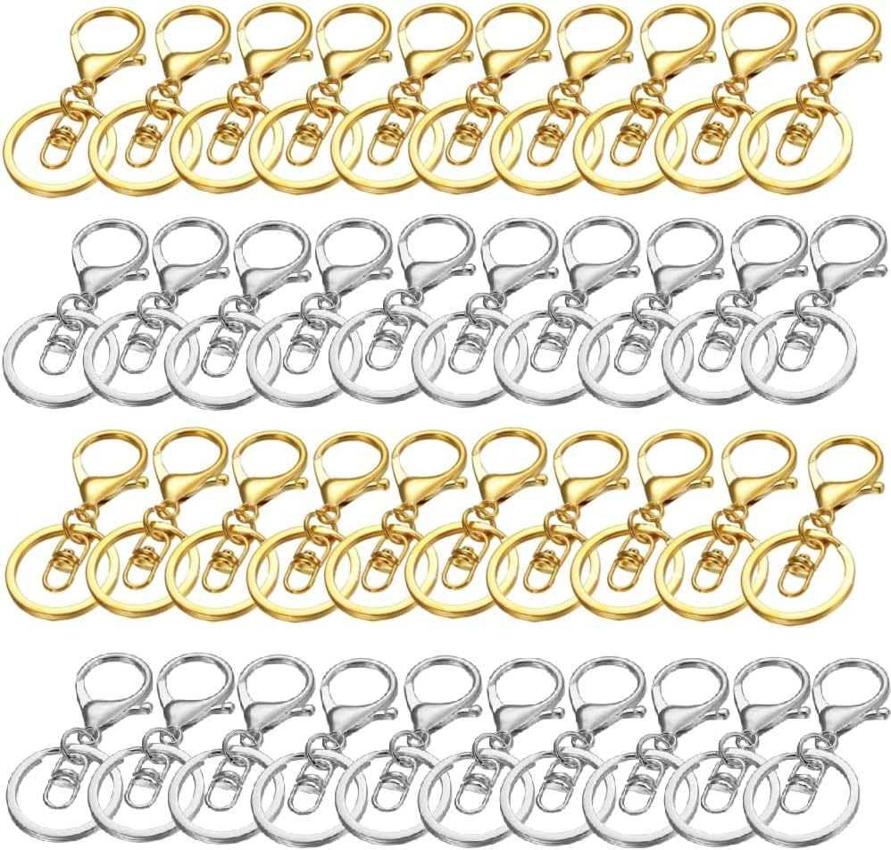 40pcs Lobster Claw Clasps Hook, Lobster Clasp Swivel Trigger Clips with Flat Split Ring Swivel Trigger Clips for Jewelry DIY Craft Making (Gold, Silver）