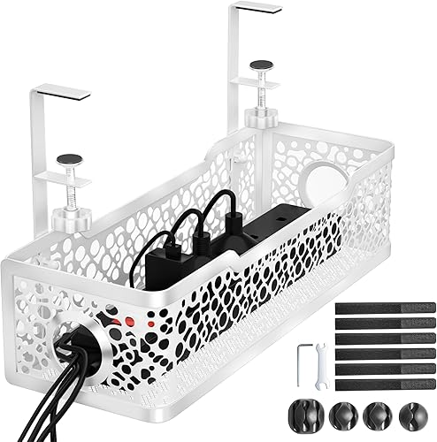 Cinati - Bandeja de organización de cables para debajo del escritorio, sin taladros, caja de gestión de cables de abrazadera mejorada, organizador
