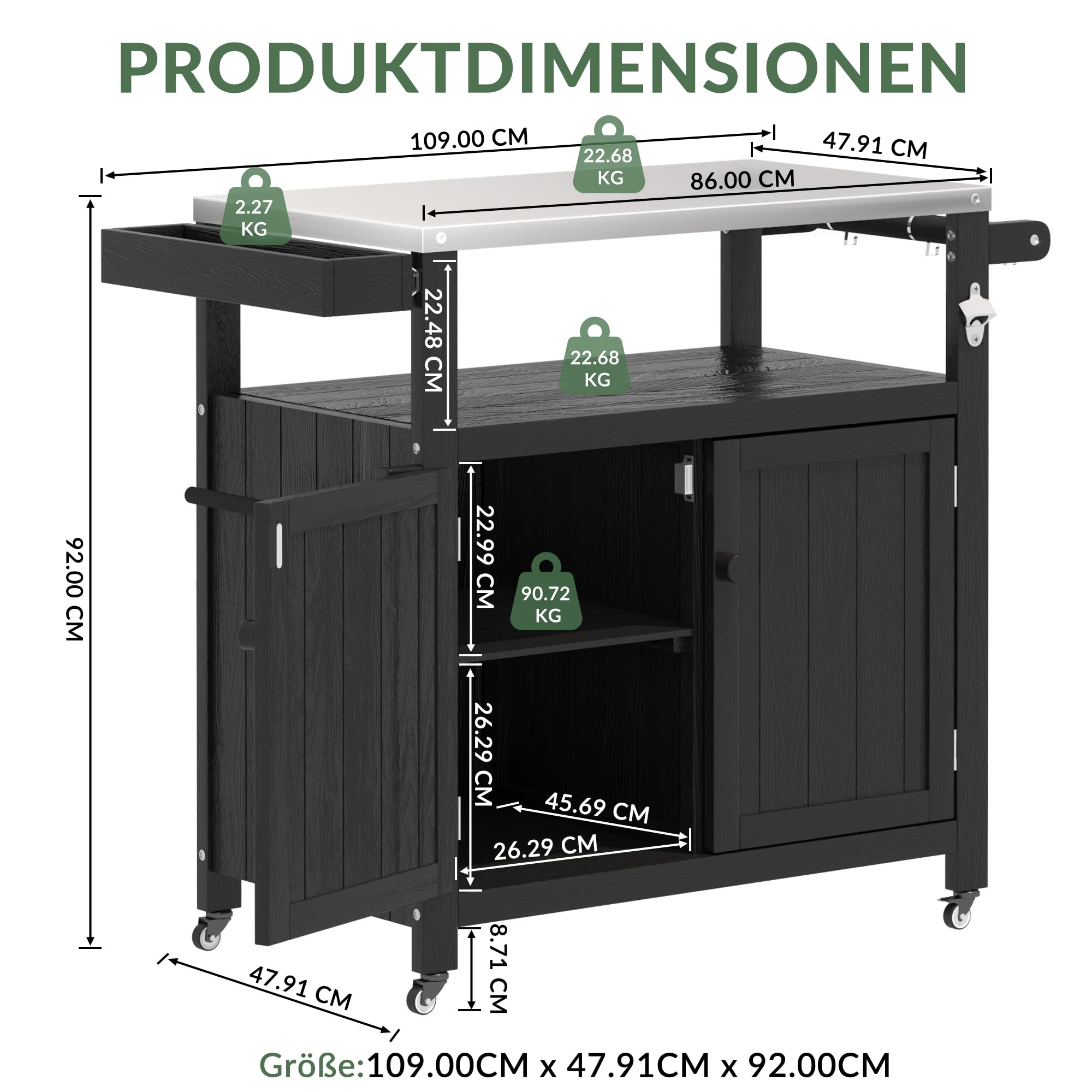 Wetterfeste HIPS Outdoor Kücheninsel mit Edelstahlplatte & Aufbewahrungsschrank, bewegliche Vorbereitungstisch mit Rädern für BBQ-Zubereitung, Outdoor Grillwagen für Parties, Schwarz